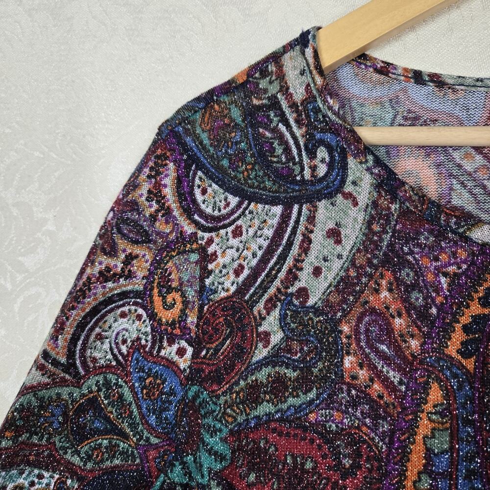 Cocomo Top L Paisley Multicolor Metallic Shimmer Knit Flowy Bell Sleeve Boho - Picture 2 of 12